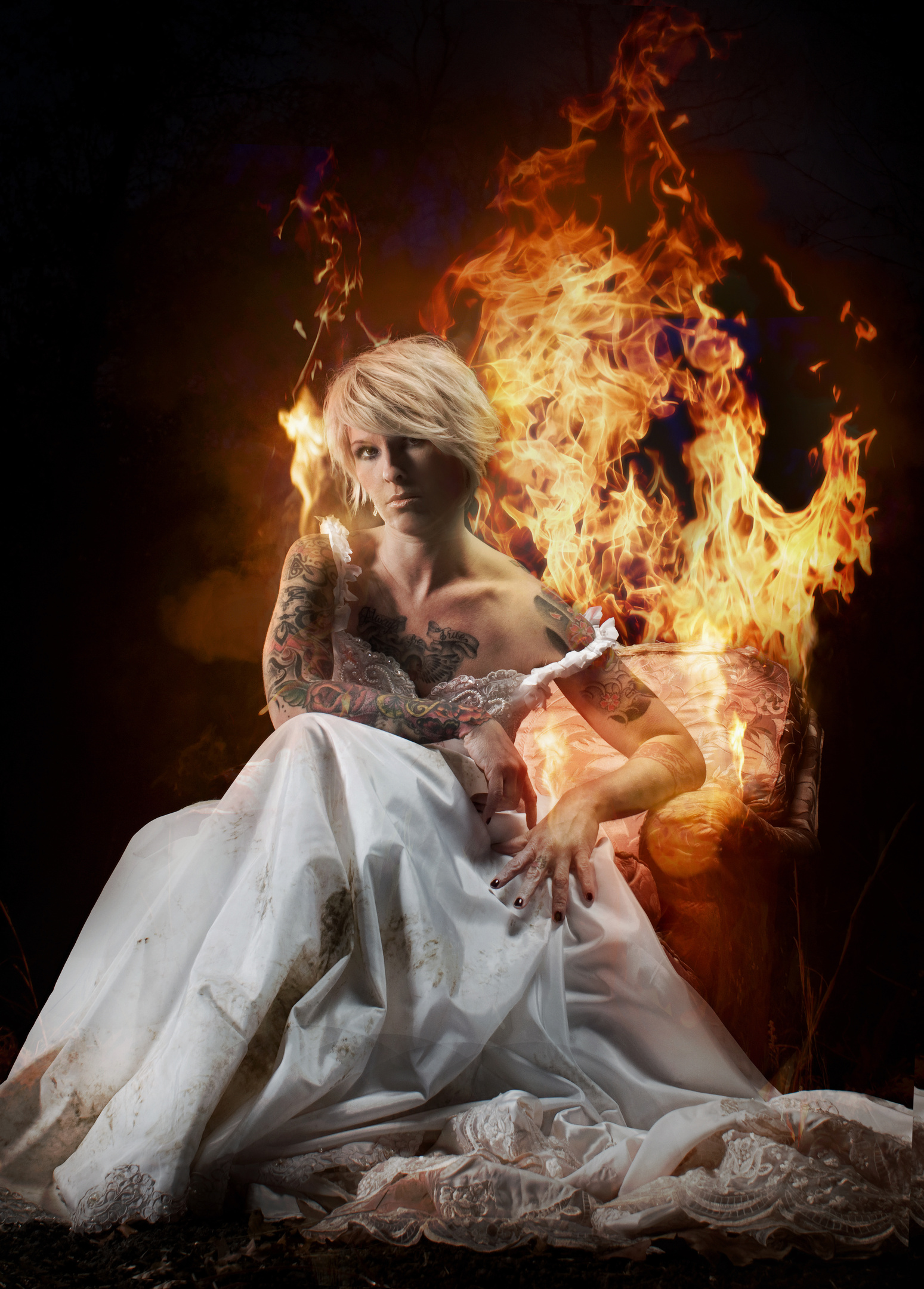 Conceptual portrait of a bride surrounded by flame